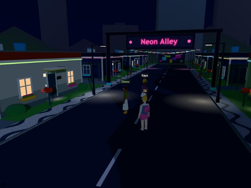 Neon Alley, in Big City, at night, with the pink sign lit